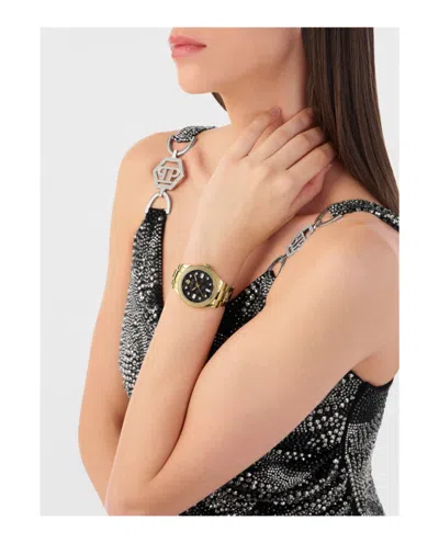 Philipp Plein Queen Crystal Watch With Black Guilloche Dial In Gold