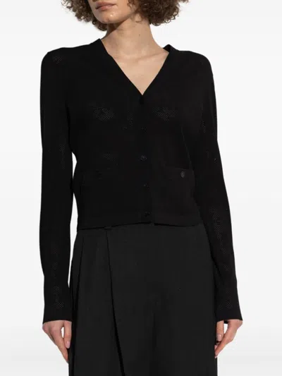Tory Burch Textured Black Button Front Top With V-neckline And Pockets In Black