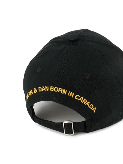 Dsquared2 Black Cotton Cap With Distressed Finish And Icon Motif In Black