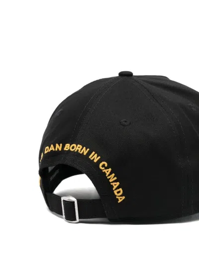 Dsquared2 Black Cotton Cap With Distressed Finish And Icon Motif In Black