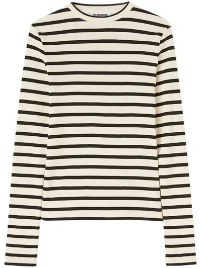 Jil Sander Fine Ribbed Off-white And Black Crew Neck Sweater In Neutral