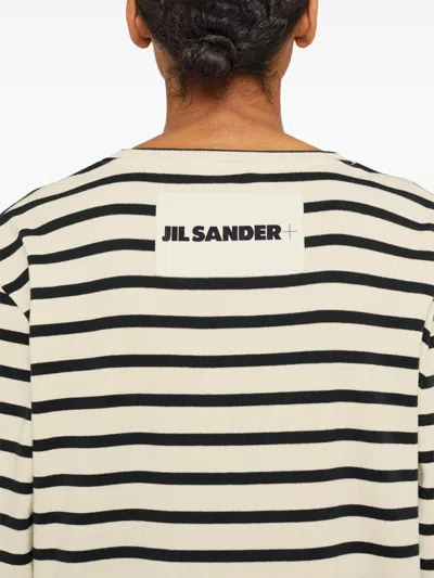 Jil Sander Fine Ribbed Off-white And Black Crew Neck Sweater In Neutral