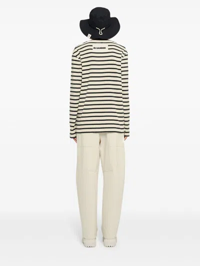 Jil Sander Fine Ribbed Off-white And Black Crew Neck Sweater In Neutral