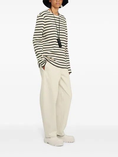 Jil Sander Fine Ribbed Off-white And Black Crew Neck Sweater In Neutral