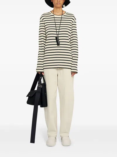 Jil Sander Fine Ribbed Off-white And Black Crew Neck Sweater In Neutral