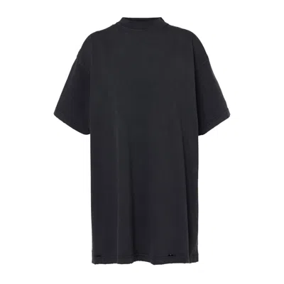 Balenciaga Relaxed-fit Black T-shirt With Distressed Hem And Faded Logo In Black