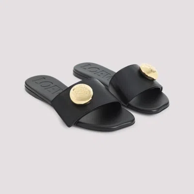 Loewe Elegant Black Calf Leather Sandals With Gold Embellishment In Black