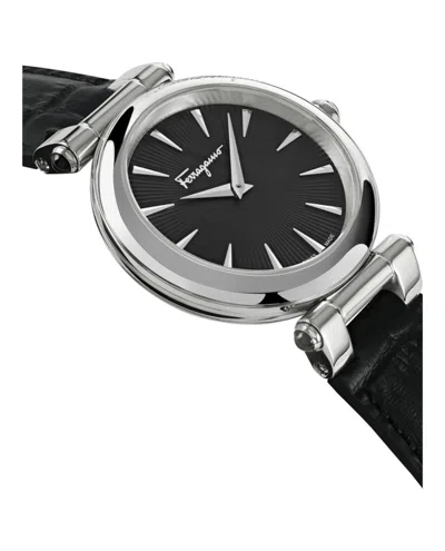 Ferragamo Idillio Leather Watch With Polished Stainless Steel Case In Black