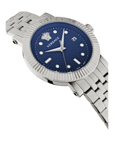 Versace Classic Date Quartz Watch With Blue Guilloche Dial In White