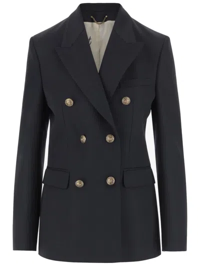 Golden Goose Blue Double-breasted Jacket With Peak Revers And Logo Plaque Detail In On The Rear In Wool Blend Wom In Black