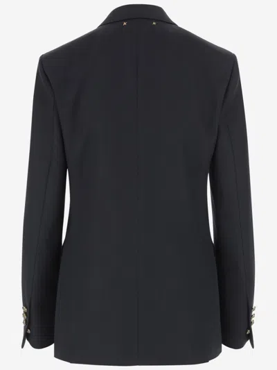 Golden Goose Blue Double-breasted Jacket With Peak Revers And Logo Plaque Detail In On The Rear In Wool Blend Wom In Black