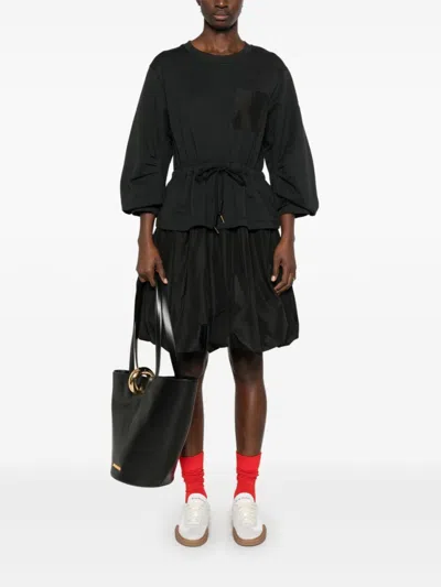 Moncler Black Dress With Elastic Waist And Logo Patch On The Sleeve In Tech Fabric Woman In Black