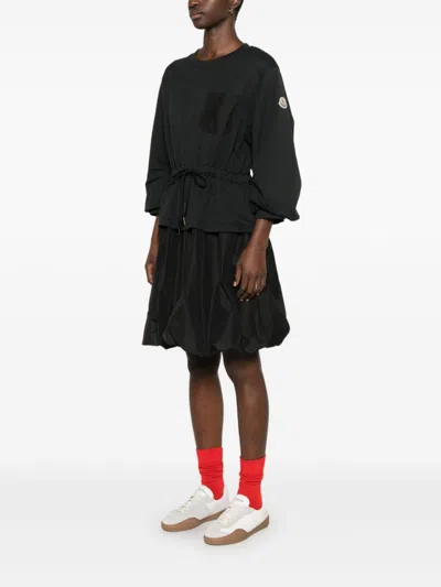 Moncler Black Dress With Elastic Waist And Logo Patch On The Sleeve In Tech Fabric Woman In Black