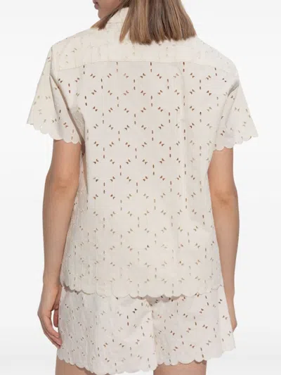 Moncler Short-sleeve Cotton Blend Shirt With Embroidered Design In Neutral