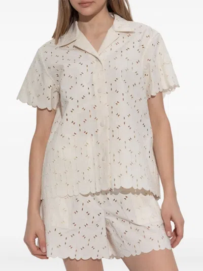 Moncler Short-sleeve Cotton Blend Shirt With Embroidered Design In Neutral