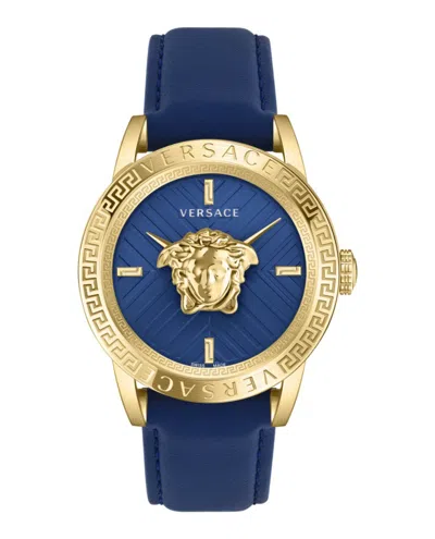 Versace V-code Strap Watch With Blue Guilloche Dial In Blue