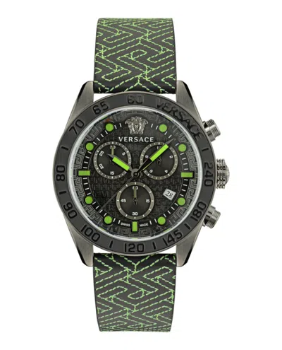 Versace Greca Dome Chrono Leather Watch In Green