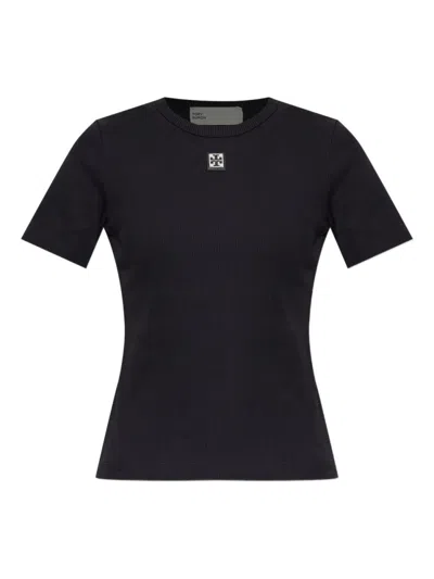 Tory Burch Crew Neck Ribbed Texture Short Sleeves Top In Black