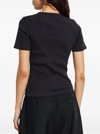 Tory Burch Crew Neck Ribbed Texture Short Sleeves Top In Black