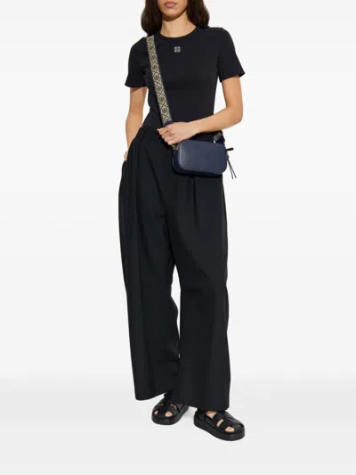 Tory Burch Crew Neck Ribbed Texture Short Sleeves Top In Black
