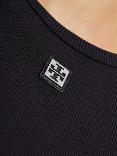 Tory Burch Crew Neck Ribbed Texture Short Sleeves Top In Black