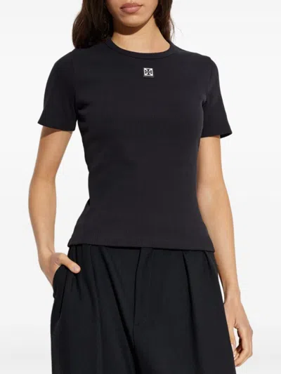 Tory Burch Crew Neck Ribbed Texture Short Sleeves Top In Black