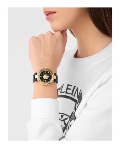 Plein Sport Opium Leather Strap Watch With Gold Case In Black