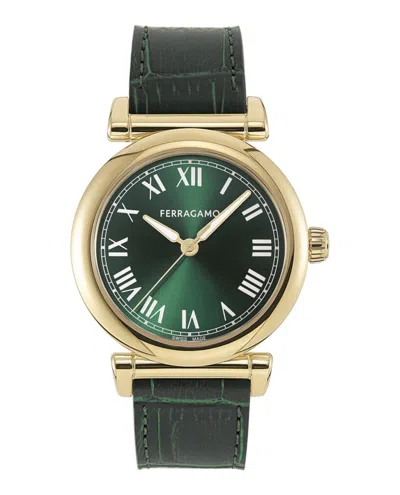 Ferragamo Allure Leather Watch With Green Sunray Dial In Green