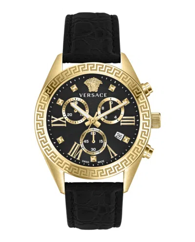Versace Greca Chrono Leather Watch In Black