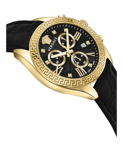 Versace Greca Chrono Leather Watch In Black
