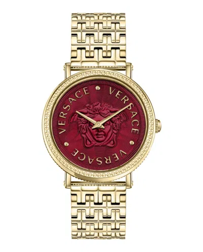Versace V-dollar Bracelet Watch With Red Guilloche Dial In Gold