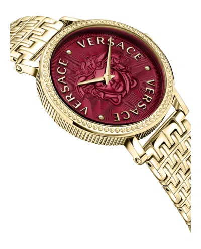 Versace V-dollar Bracelet Watch With Red Guilloche Dial In Gold