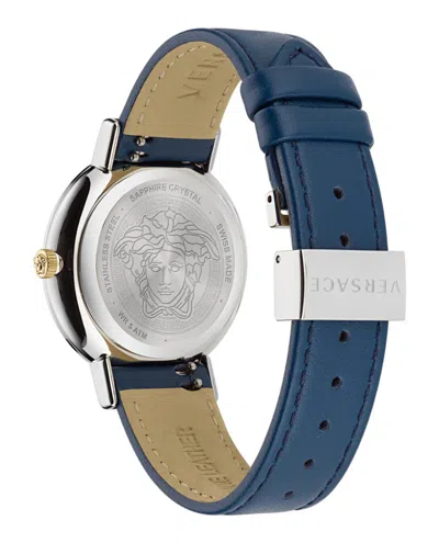 Versace Sophisticated Greca Motif Leather Watch With Enamel Dial In Blue