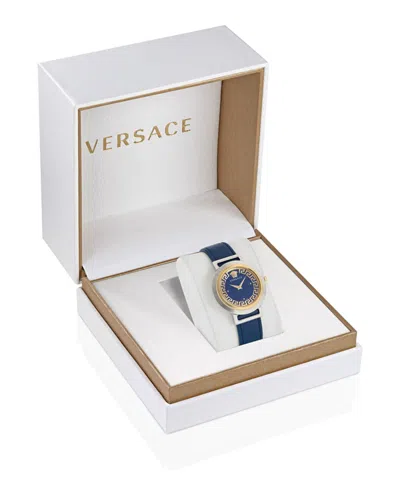 Versace Sophisticated Greca Motif Leather Watch With Enamel Dial In Blue