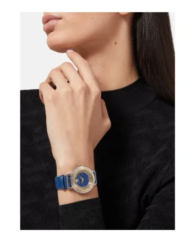 Versace Sophisticated Greca Motif Leather Watch With Enamel Dial In Blue