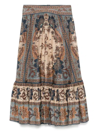 Zimmermann Womens Blue Cream Indienne Ascension Tiered Silk Midi Skirt Xs