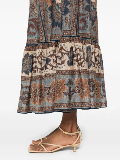 Zimmermann Womens Blue Cream Indienne Ascension Tiered Silk Midi Skirt Xs
