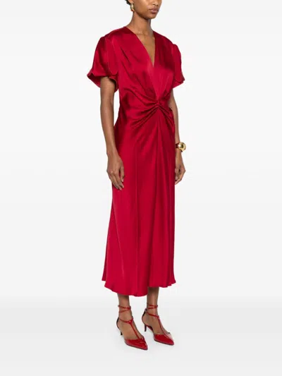 Victoria Beckham V-neck Fitted Waistline Dress With Concealed Zip In Red