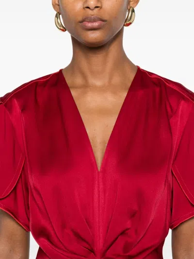 Victoria Beckham V-neck Fitted Waistline Dress With Concealed Zip In Red