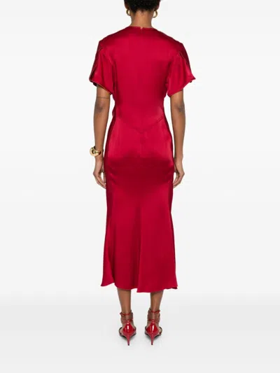 Victoria Beckham V-neck Fitted Waistline Dress With Concealed Zip In Red