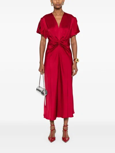 Victoria Beckham V-neck Fitted Waistline Dress With Concealed Zip In Red