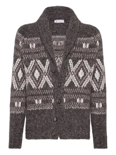 Brunello Cucinelli Wool Cardigan V-neck Geometric Pattern