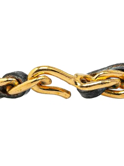Pre-owned Chanel 1996 Leather And Gold Plated Medallion Bow Pendant Costume Necklace