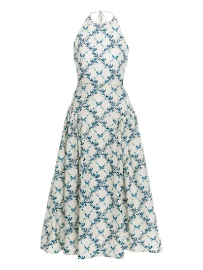 Agua By Agua Bendita Balsa Faux Pearl-embellished Printed Linen Halterneck Midi Dress In Green