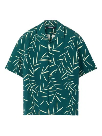 Jacquemus Leaf Print Short Sleeve Shirt With Pocket In Green