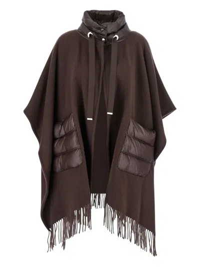 Herno Brown Cape With Drawstring Collar And Fringed Hem In Tech Fabric Woman In Brown