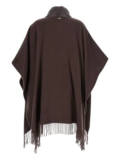 Herno Brown Cape With Drawstring Collar And Fringed Hem In Tech Fabric Woman In Brown