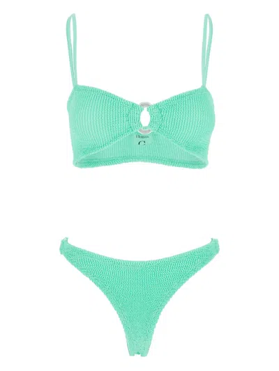 Hunza G Misty Faux Pearl-embellished Seersucker Bikini In Green
