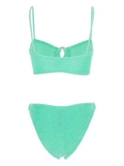 Hunza G Misty Faux Pearl-embellished Seersucker Bikini In Green