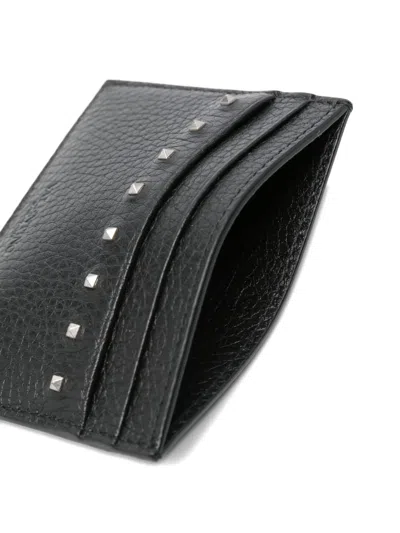 Valentino Garavani Leather Card Holder With Textured Finish And Studded Design In Black